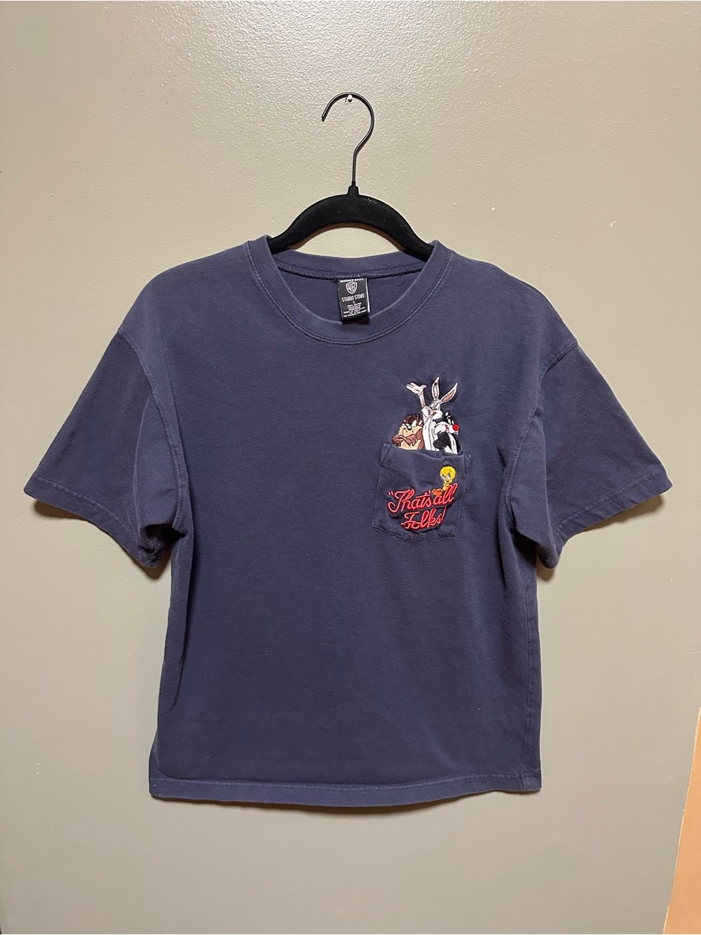 Vtg 90s Warner Bros Studio Store Looney Tunes Embroidered Pocket Tee Small Navy